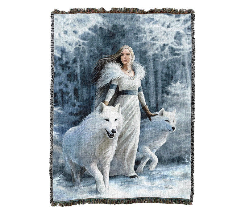 Winter Guardians Girl With White Wolf Vintage Retro Style Couch Sofa Blanket,  Woven Throw Blanket Home Decor