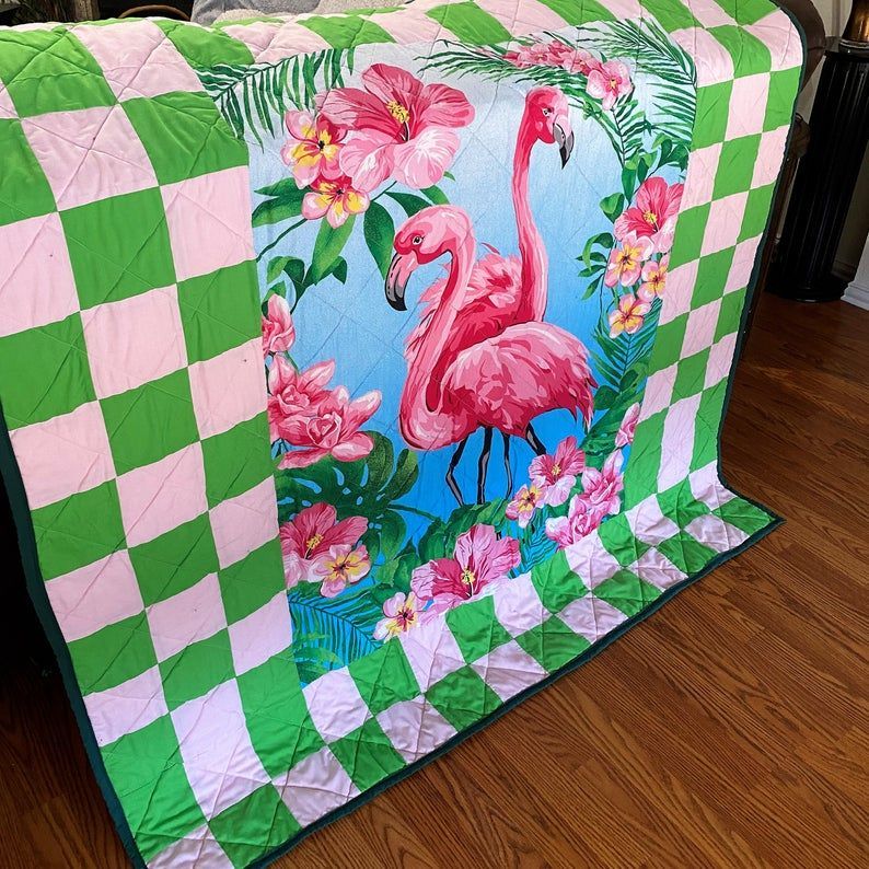 Flamingo Tropical Flowers Fan Gift Idea Quilt Blanket