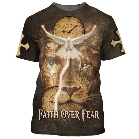 Vintage Clock And Lion Faith Over Fear 3D T-Shirt Hoodie Long-Sleeve Birthday Gift For Men Women – N113