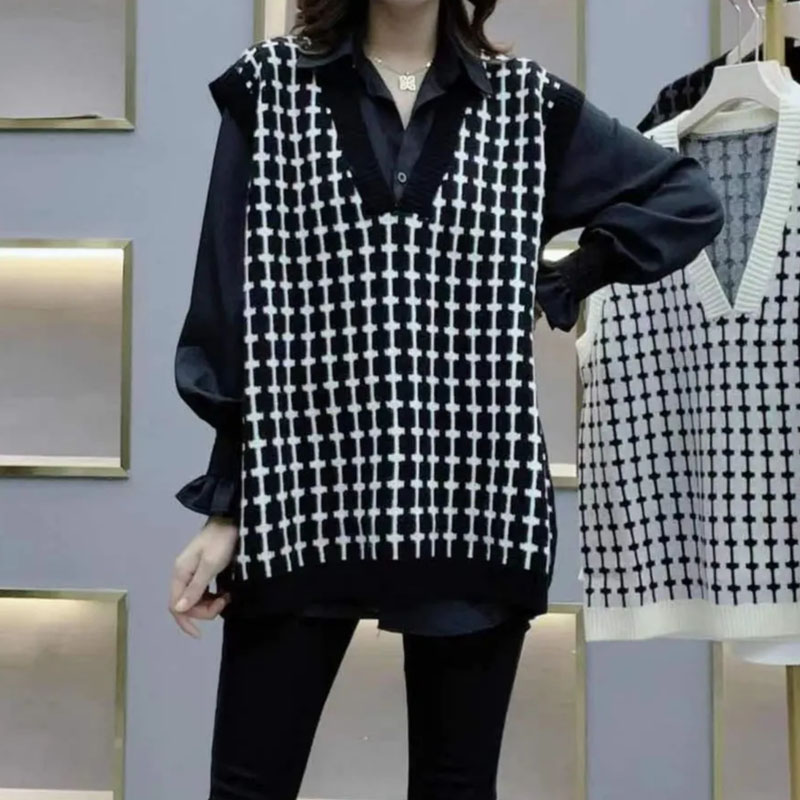 2022 Spring New Vintage Women Sweater Vest Fashion Oversized Plaid Knit Tank Top Female Casual Loose Waistcoat Mujer alx