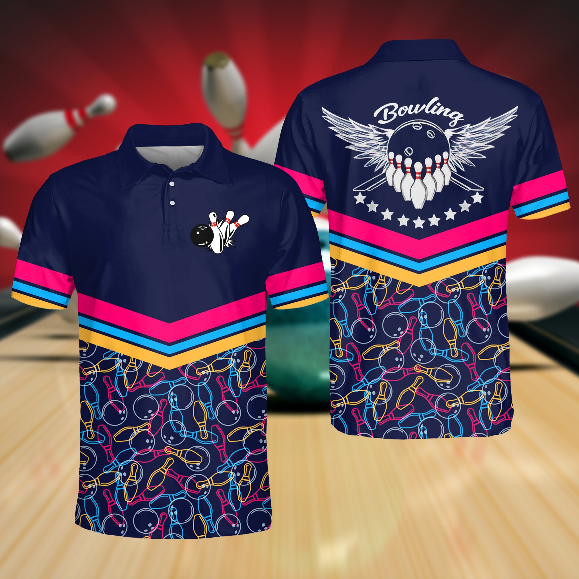 Color Linear Bowling Balls And Bowling Pins 3D Polo Shirt
