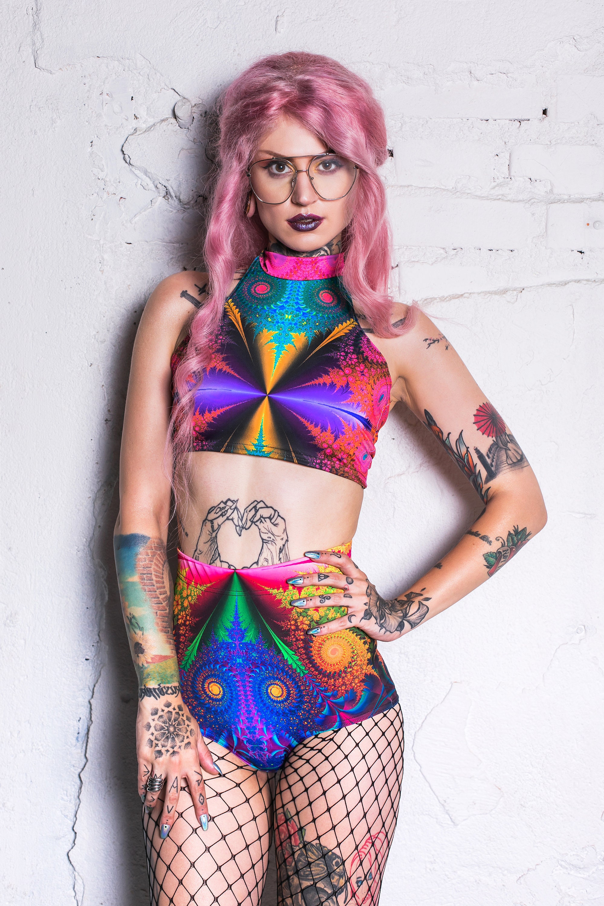 Festival Halter Top, rave top with tie, halter neck top, festival bodysuit, psychedelic clothing, rave outfit, fractal cropped top, rave set