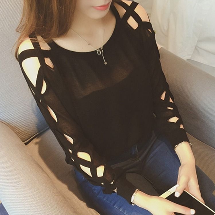 Woman Sweaters Pullover Chic Cross Hollow-out Long-Sleeved Top T-shirt for Women Femme Chandails alx