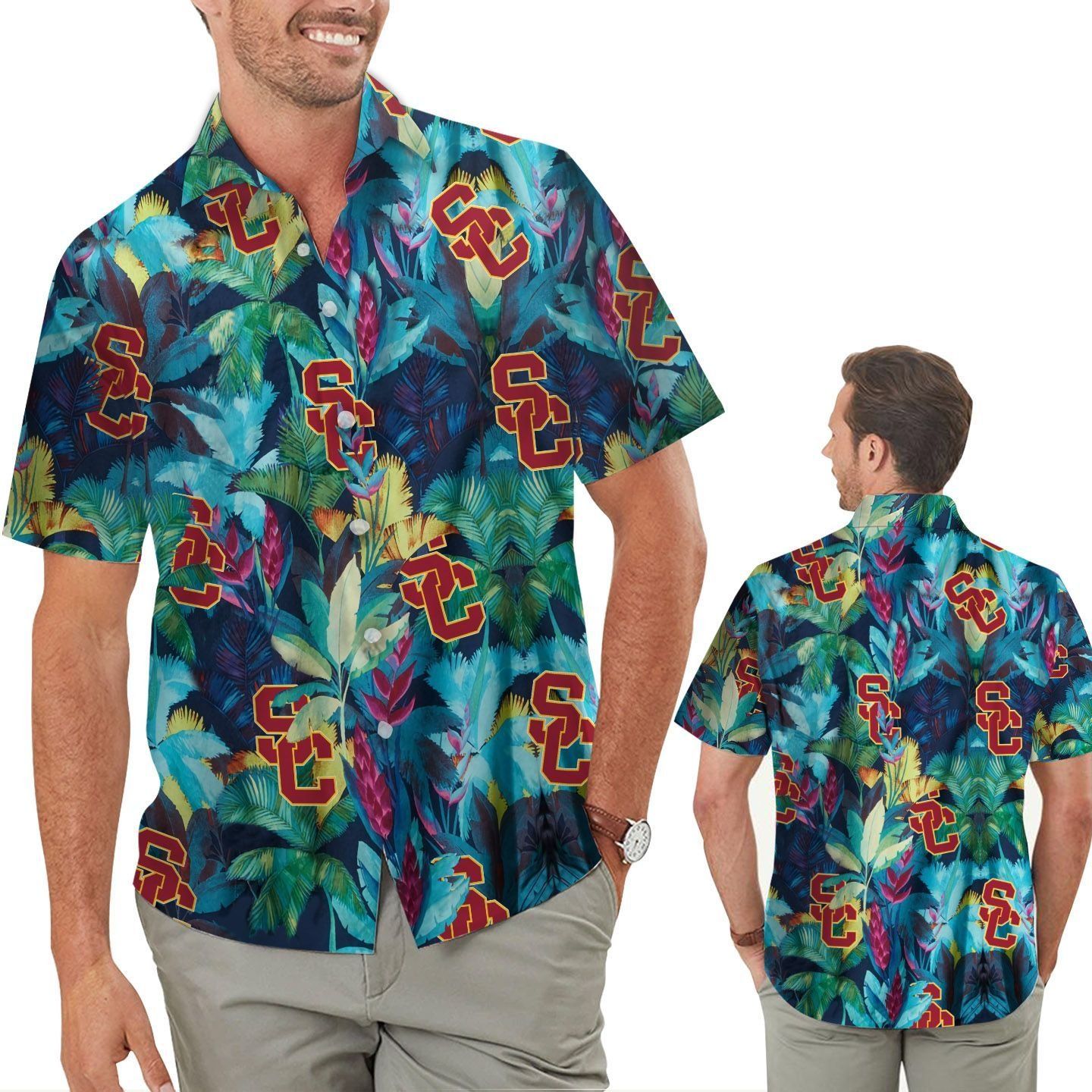 Usc Trojans Floral Tropical Men Women Short Sleeve Button Up Tropical Hawaiian Shirt