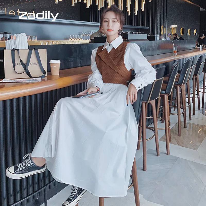 2022 Spring Office Lady Two-piece suit Work Maxi Dress Women Long Sleeve Stripe Button Up Shirt Dresses Free Shipping Vestidos alx