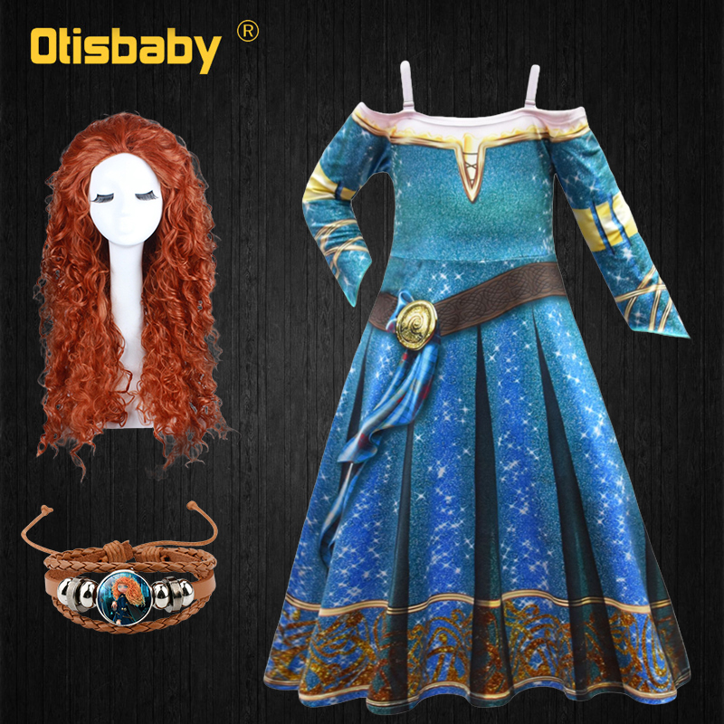 2021 New Year Girls Princess Merida Costume Brave Cosplay Costume Vintage Long Sleeve Shoulderless Dress Birthday Party Dresses alx