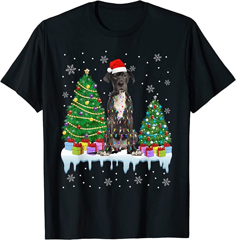 Dane Dog Christmas Tree Funny Xmas Lights Puppy Lover T-Shirt