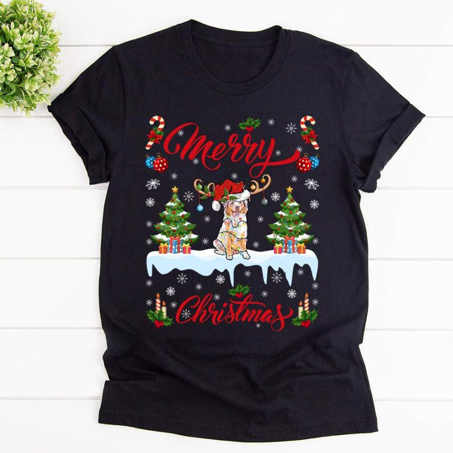 Australian shepherd dog merry christmas santa hat xmas trees ornament candle candy cane black cotton t shirt for men and women S-6XL