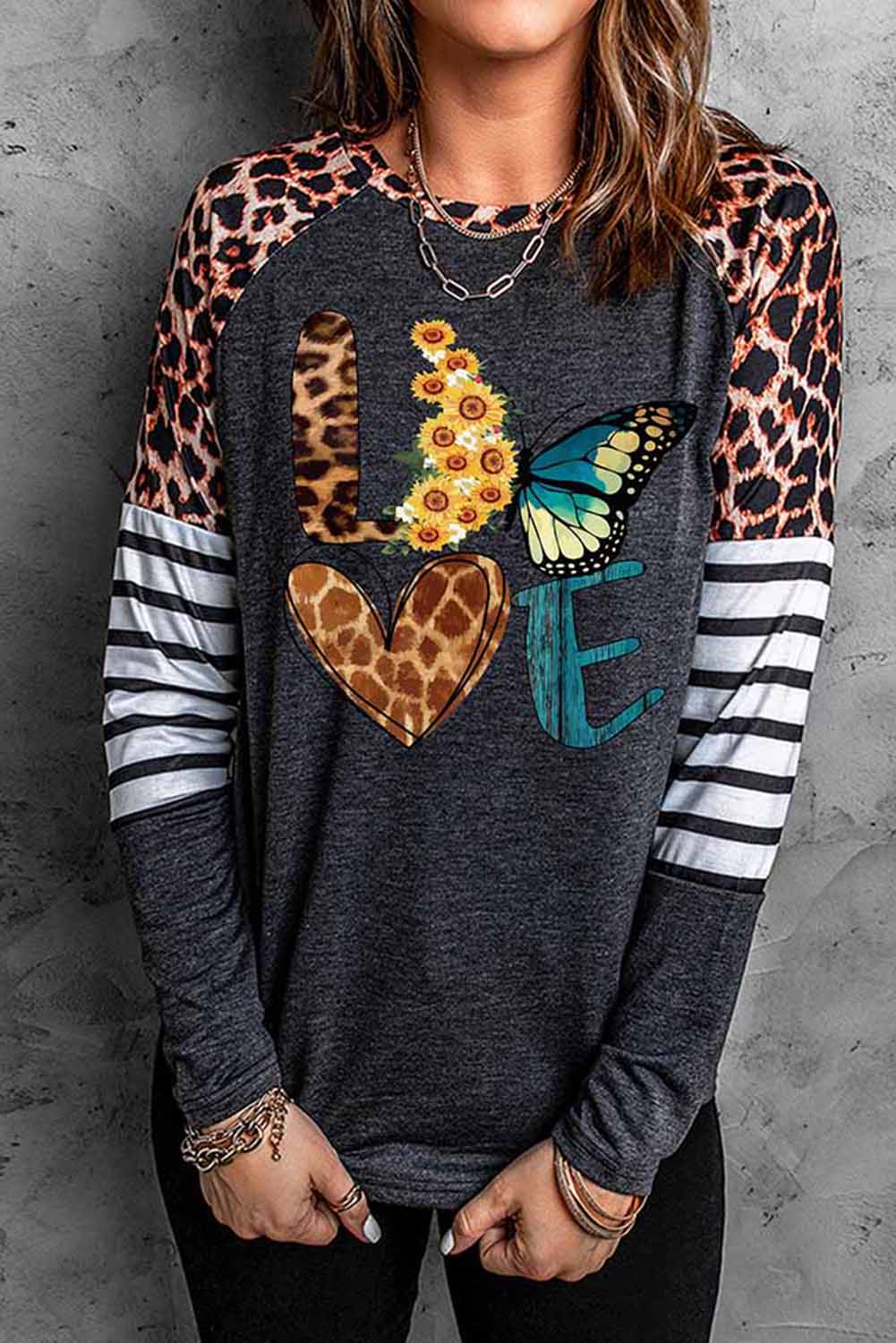 Butterfly Leopard Patchwork Striped Plaid Long Sleeve Top Gray