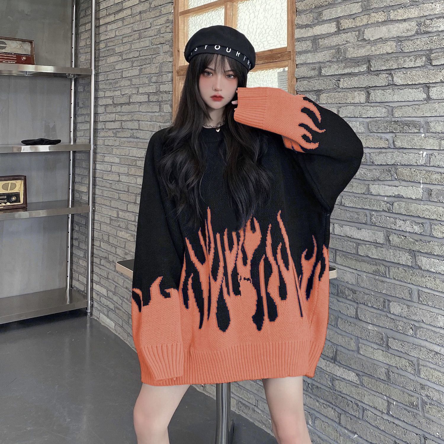 2021 spring new round neck loose sweater female flame jacquard sweater color matching loose ins net red hot selling sweater A077 alx