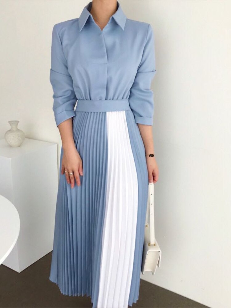 Women A-line Patchwork Long Sleeve Dress Elegant Slim Waist Female Pleated Midi Robe Spring Autumn OL Vestidos Ladies Fashion alx