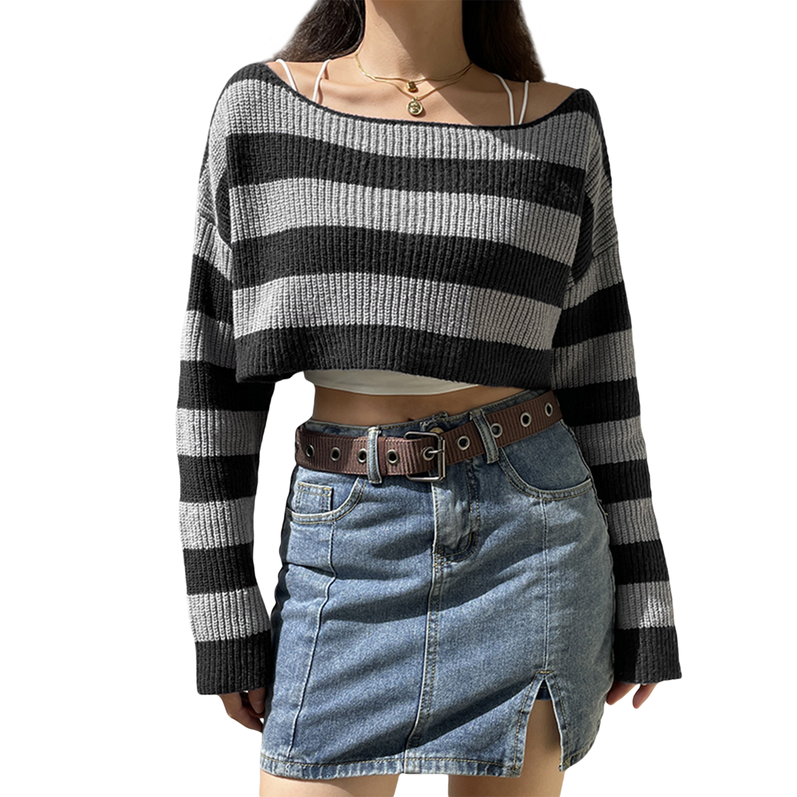 Women Y2k Cropped Sweater Knitted Stripe Off Shoulder Long Sleeve Pullover Knitwear for Fall Winter Streetwear alx