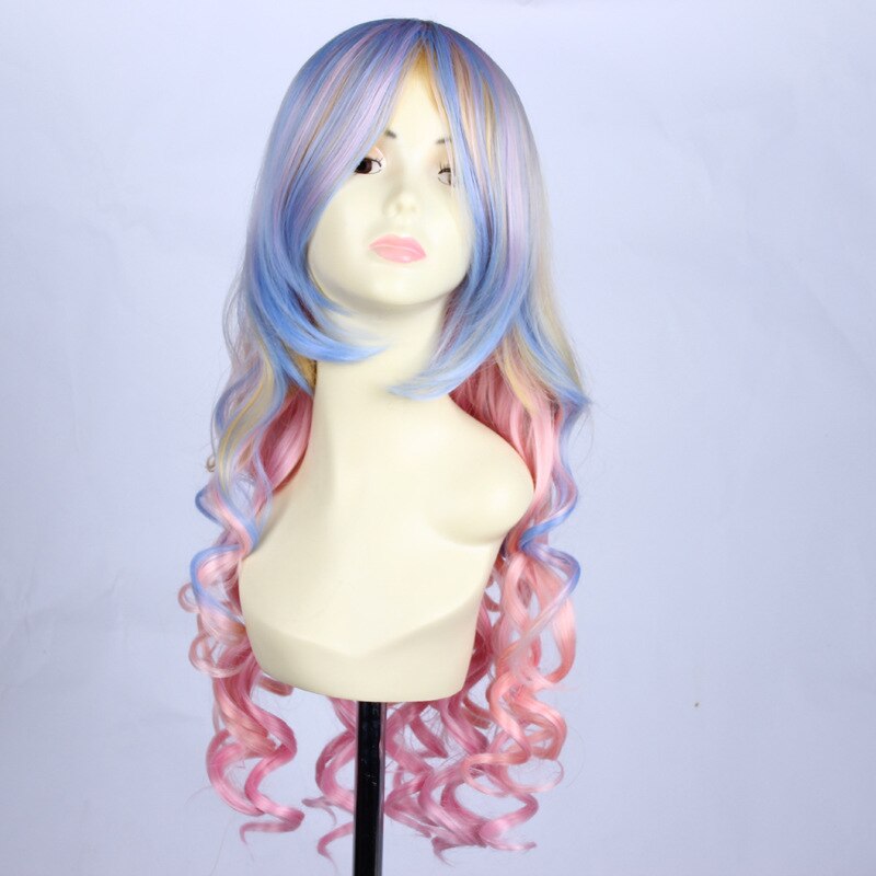 Anime Long Wavy Rainbow Party Wig With Bangs Synthetic Hair Red Green Blue Ombre Cosplay Costume Colored Wigs For Women alx