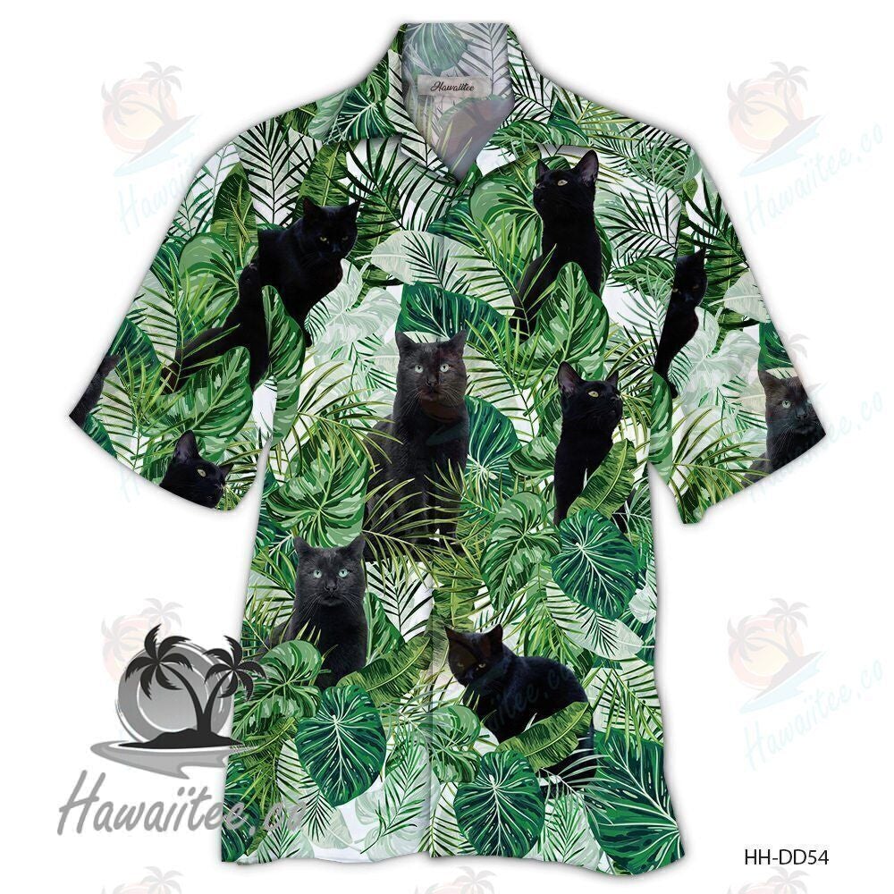 Black Cat Green Amazing Design Unisex Hawaii Print Aloha Short Sleeve Casual Shirt Ha59706