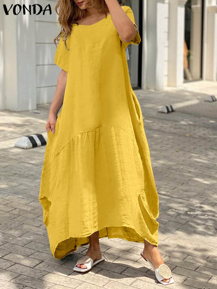 VONDA 2022 Bohemian Ladies Casual Short Sleeve Maxi Robe Women Loose Long Vestidos Cotton Summer Dress Femme Sundress Oversized alx