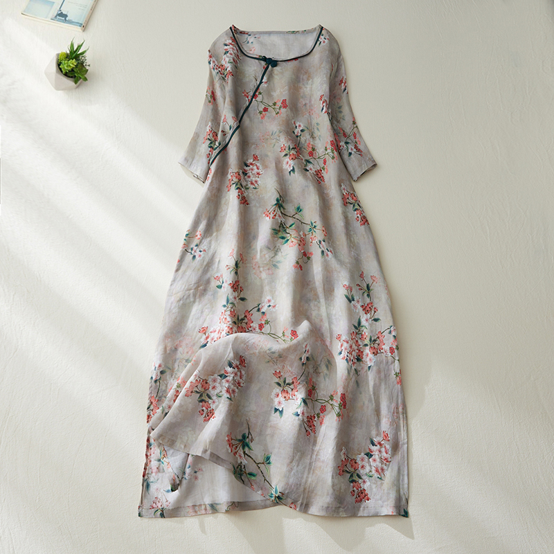 2022 New Arrival Beading Print Floral Thin Soft Loose Cozy Vintage Chinese Style Summer Dress Women Casual Midi Dress alx
