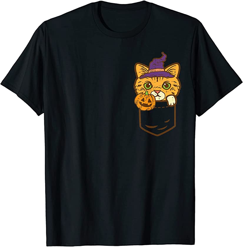 Pocket Cat Witch Pumpkin Cute Halloween Animal Pet Kitten T-Shirt