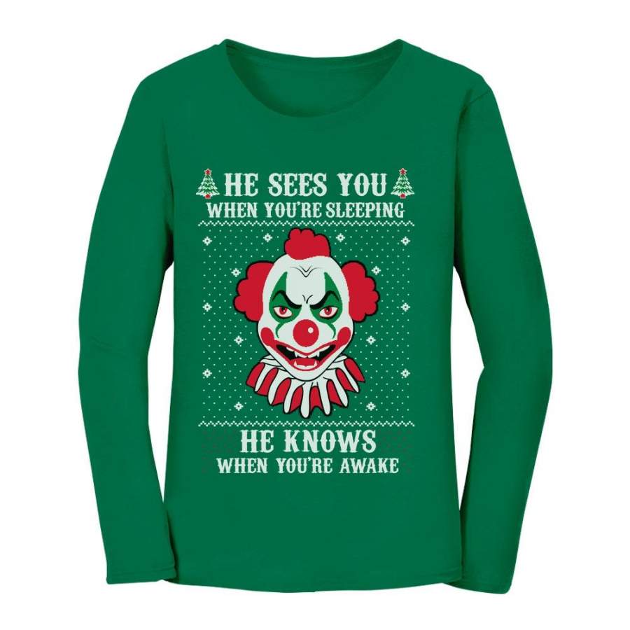 Ugly Christmas Evil Scary Killer Clown Horror Movie Women Long Sleeve T-Shirt