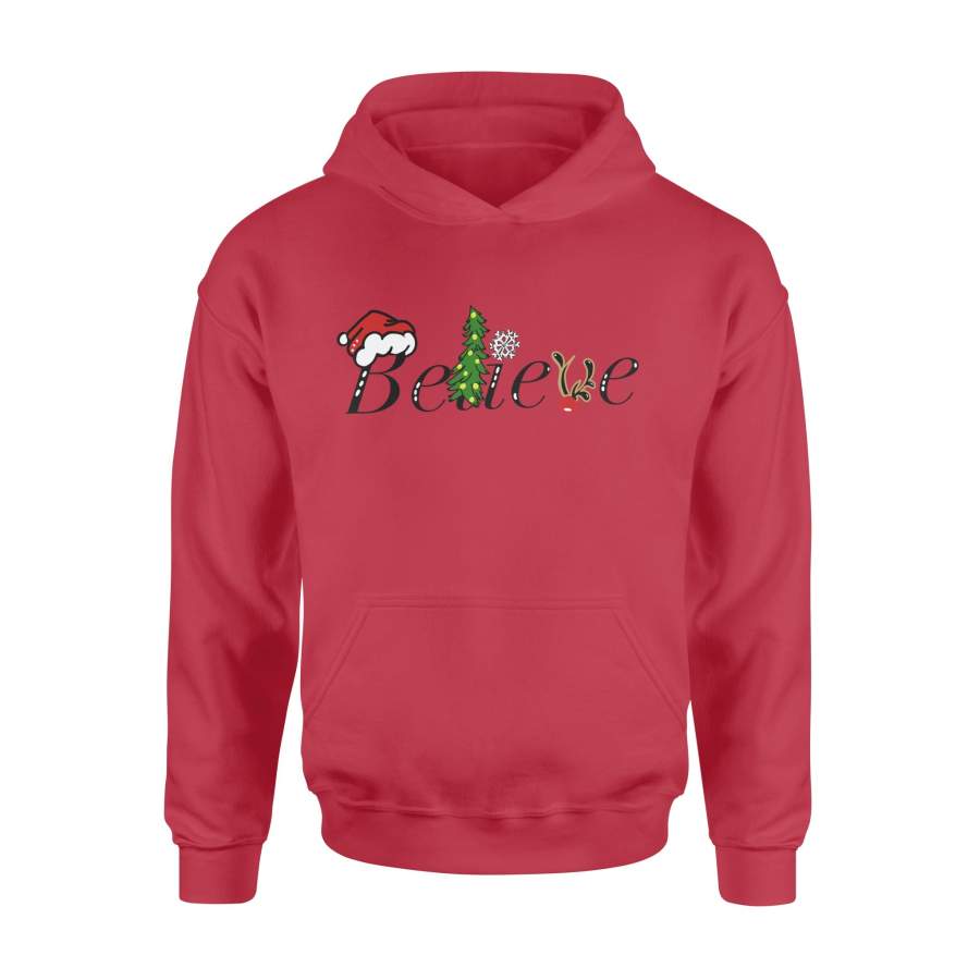 Christmas Gift Believe With Santa Hat Christmas Tree Snowflake Reindeer Holly – Standard Hoodie