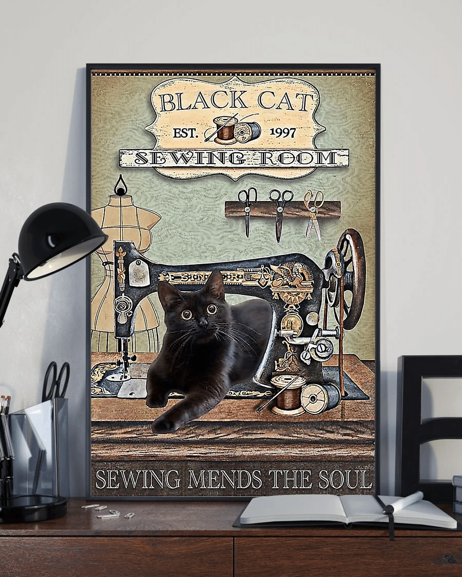 Black Cat Loves Sewing Room Poster Canvas – Sewing Mends The Soul Vintage Home Decor Wall Art Evg80809