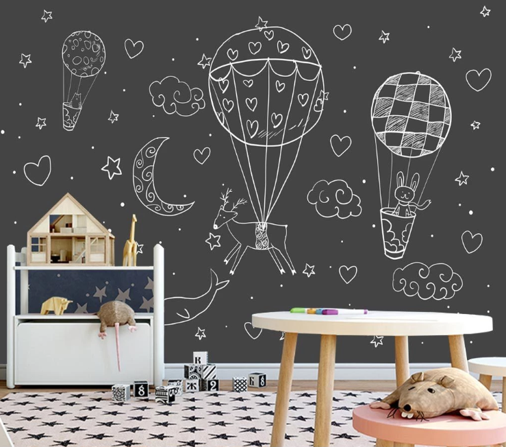 3D Moon Star Clouds Hot Air Balloon Bear Rabbit Cartoon Wall Mural Wallpaper Sf137