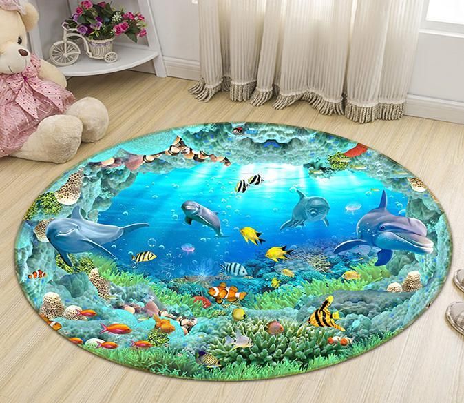 3D Sea Cave Dolphin 005 Round Rug – Round Carpet Home Decor