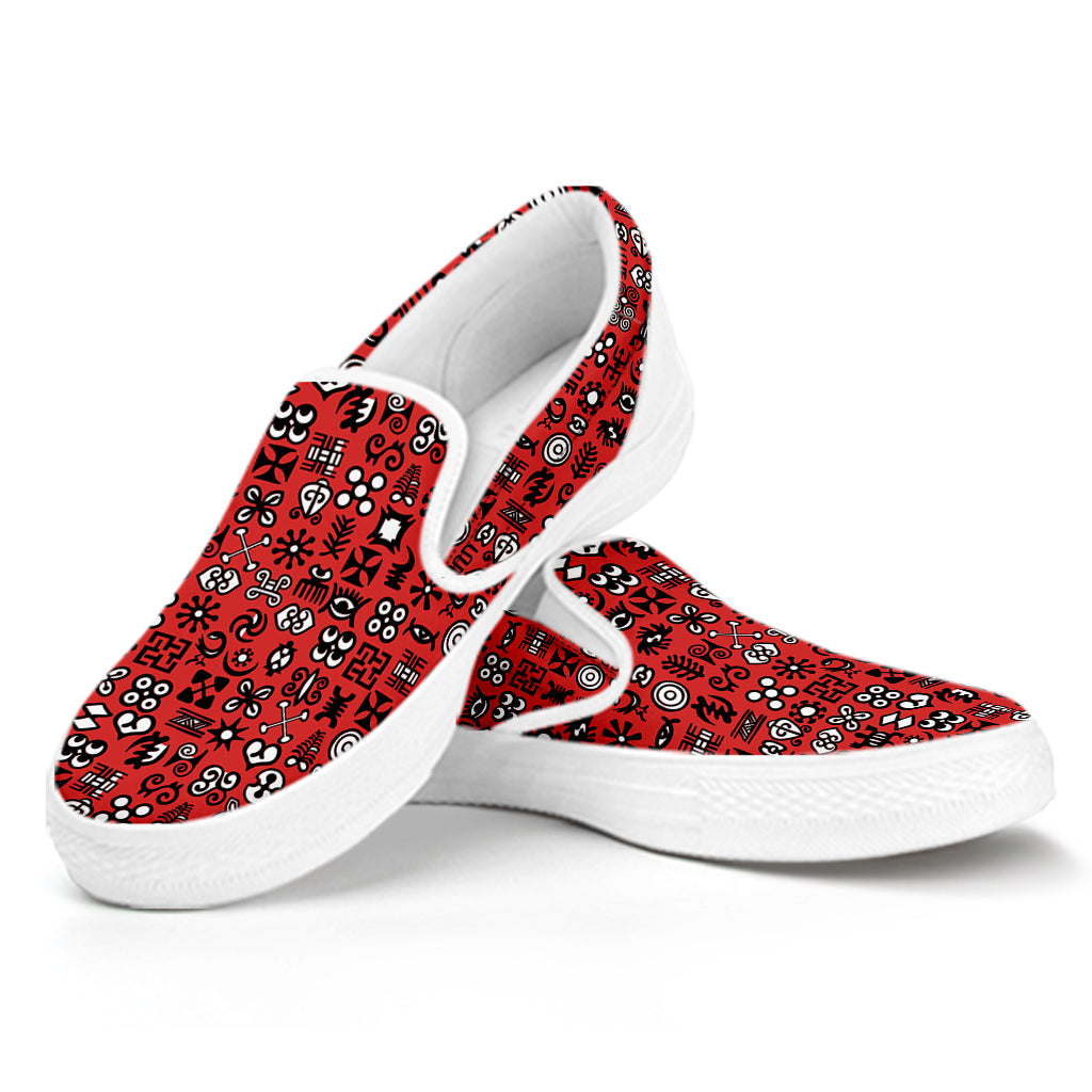 Red Adinkra Tribe Symbols Print White Slip On Shoes