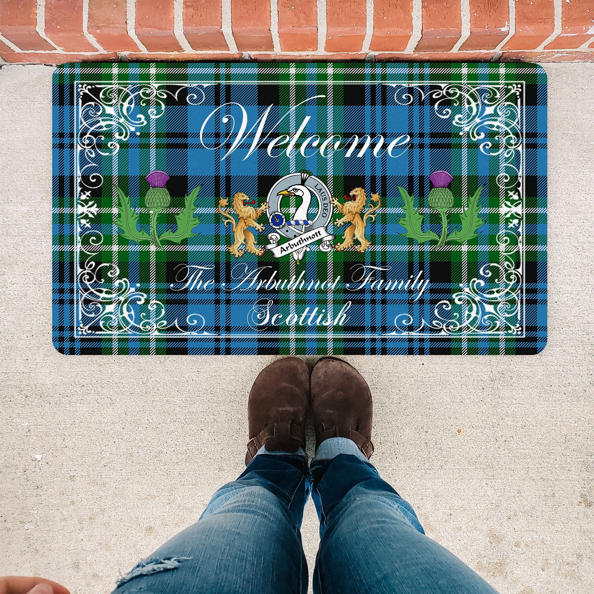 Scotstee Shop Tartan Door Mats Clan Arbuthnott Hunting Badge Tartan Thistle And Two Lion Scottish Plaid Doormat, Christmas Door Mat Gift