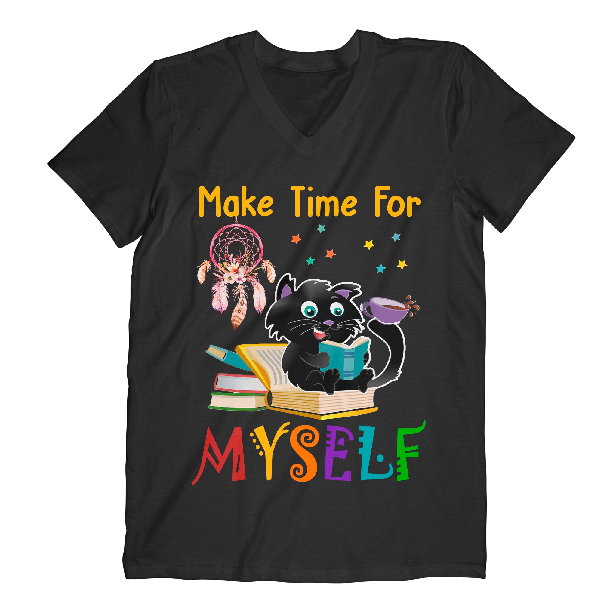 Make Time For Myself Black Cat Dreamcatcher Coffee Books Boho Lover – Comfort V-neck