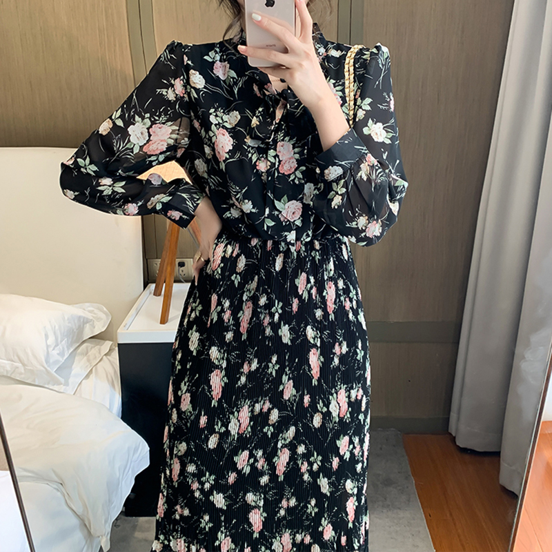 Bow tie French floral print chiffon dress 2022 spring new fashion holiday style elegant middle and calf pleated dress women alx