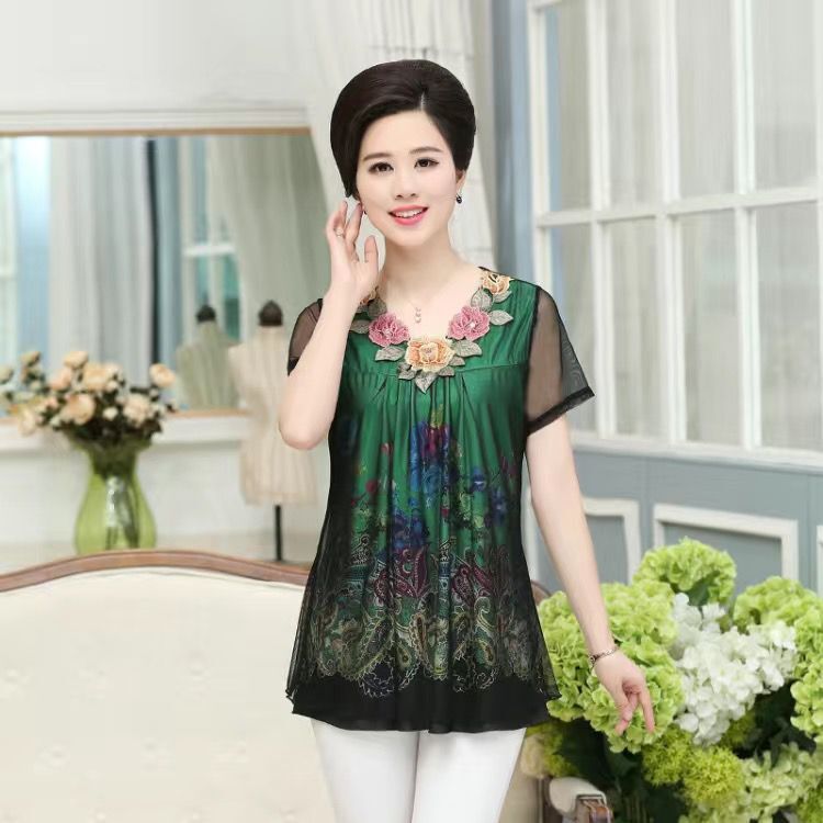 2022 New Summer Middle Aaged Women Flower Print Casual Chiffon Tops Female Fashion Short Sleeve Shirt Womens Clothing alx