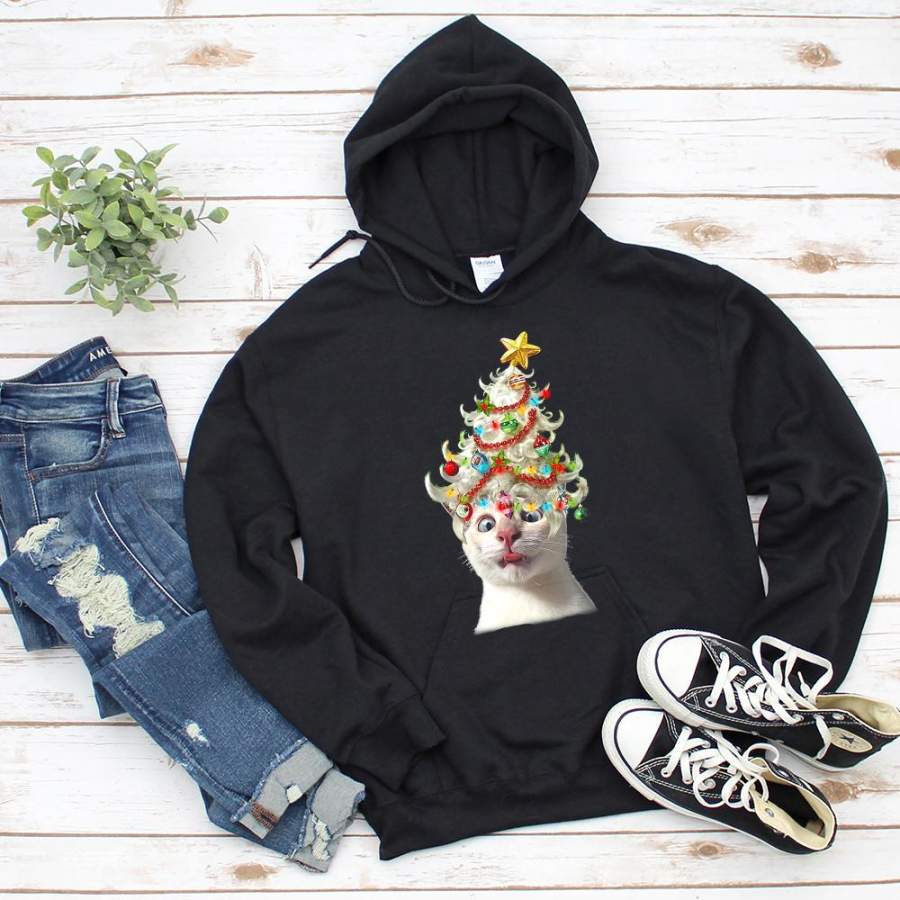 Funny cat xmas tree merry christmas great 3d print cat best Xmas gift for cat lover black hoodie for men and women S-5XL