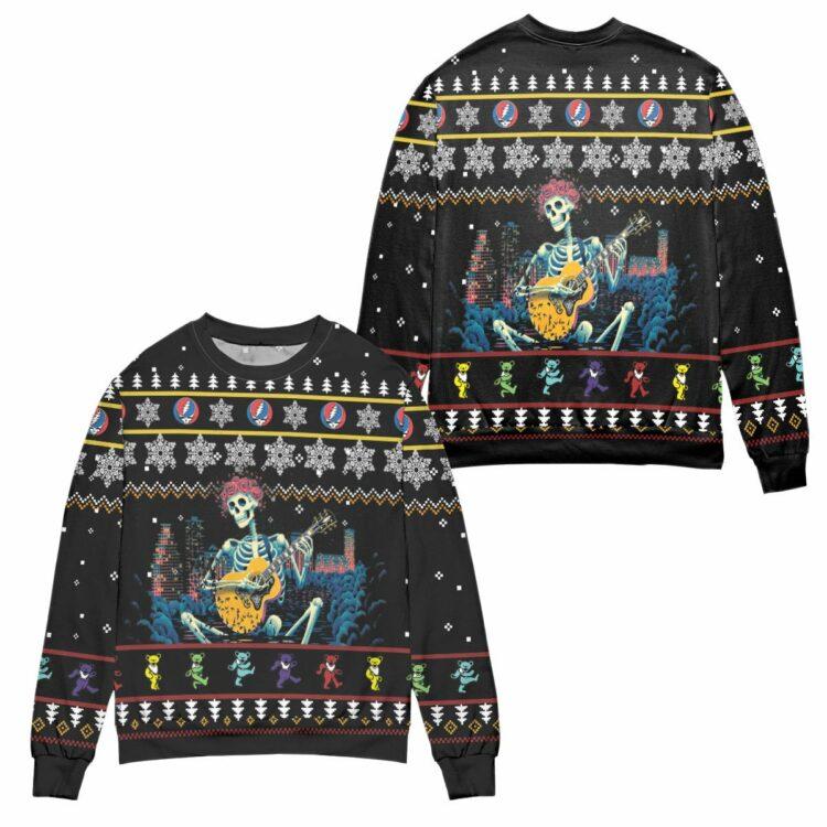 Grateful Dead Skeleton Playing Guitar Ugly Christmas Sweater – All Over Print 3D Sweater – Black