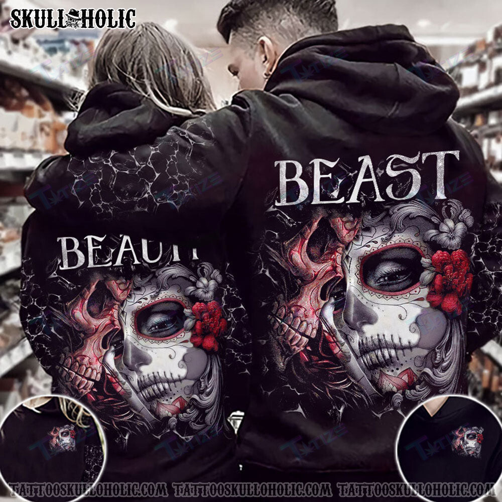 Matching Couple Shirt Beauty Beast Couple Sugar Skull 3D All Over Printed Shirt, Sweatshirt, Hoodie, Bomber Jacket Size S – 5Xl