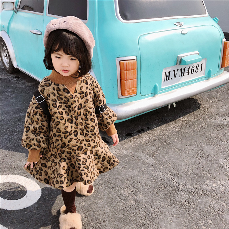 Winter Korean style fashion girls Leopard grain woolen mermaid dresses 1-6 years kids baby thicken long sleeve warm dress alx