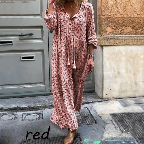 2019 New Women fashion V Neck Plus Size Bohemian V Neck Floral Print Tassel Drawstring Long Sleeve Dress alx