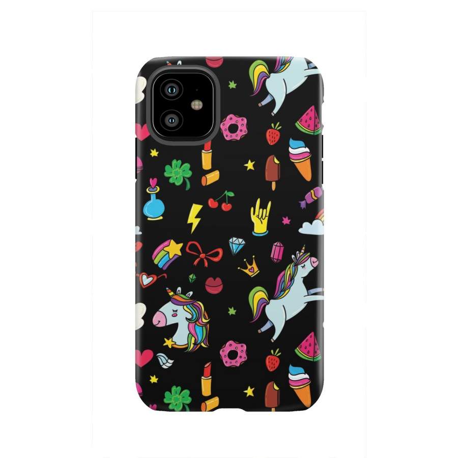 Black Girly Unicorn Pattern Print Tough Phone Case