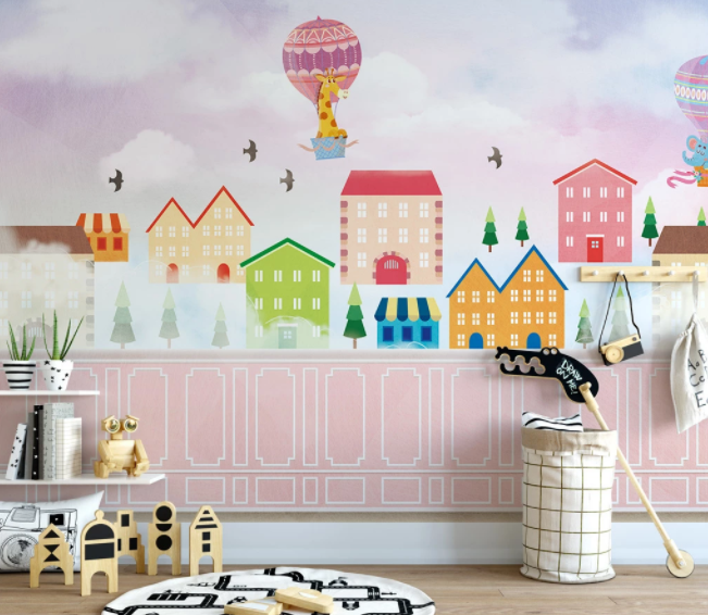 3D Cartoon Colorful House Hot Air Balloon Giraffe Animal Wall Mural Wallpaper Lxl