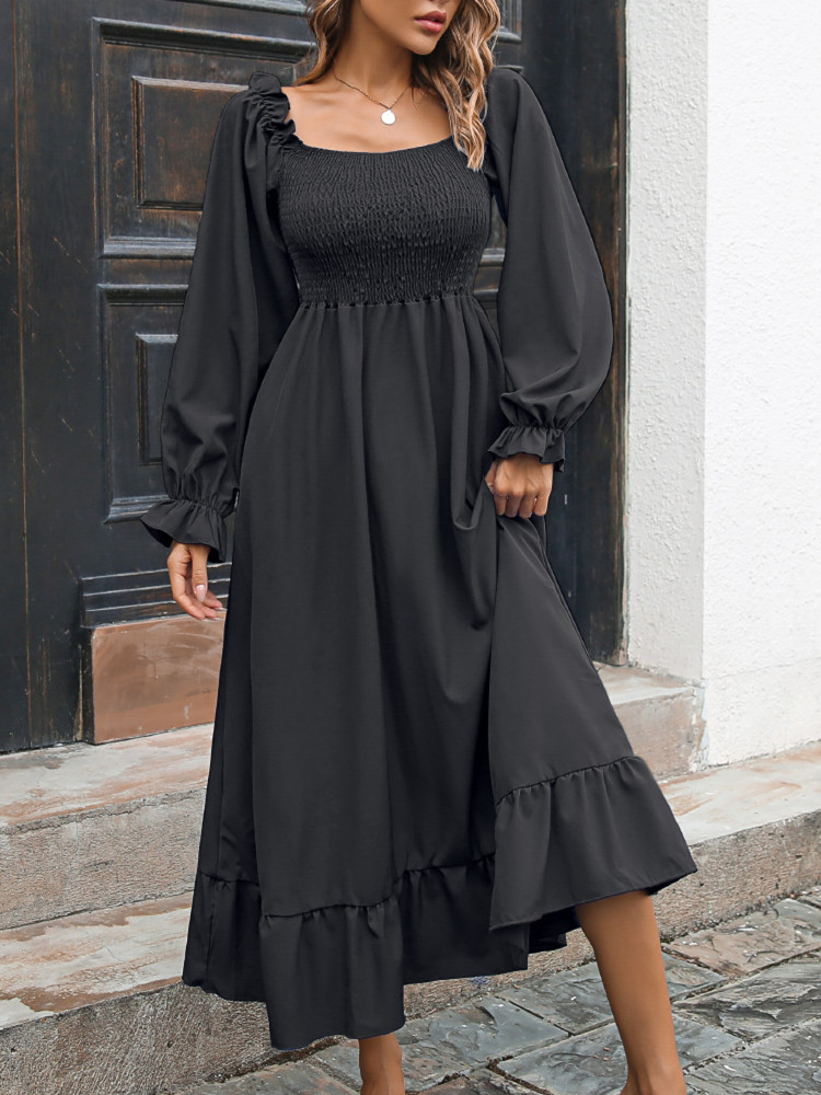 2022 Fashion Fall Long Sleeve Solid Ruffles Women Dress Elegant Square Collar High Waist Midi Dress Women Vintage Party Dresses alx