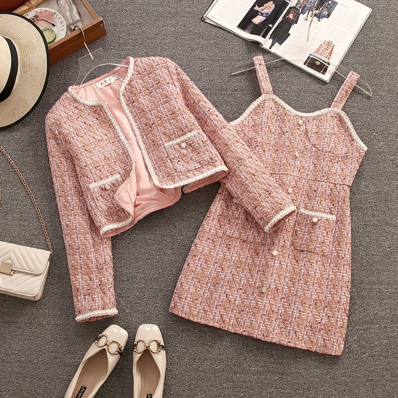 2022 Autumn Winter New Dress Suits Women’s Vintage Tweed Jacket Coat + Slim Suspenders Short Dress Two-piece Sets Lady Outfit alx