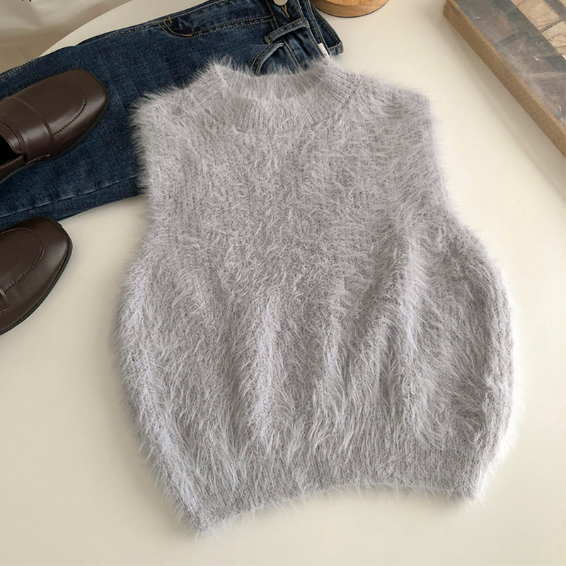 Women Sweater Vest Imitation Mink Fur Korean Cute Solid All-match Crop Top Women Sleeveless Vest Female Knitted Tank Tops Women alx