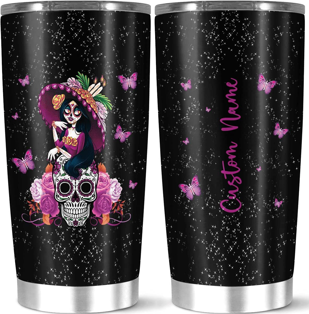 Personalized Premium Butterfly Coffee Tumbler For Girl Birthday Gift Stainless Steel Classic Black Girl Coffee Cup Customized Name Custom 20 Or 30 Oz Galaxy Theme Tumbler White