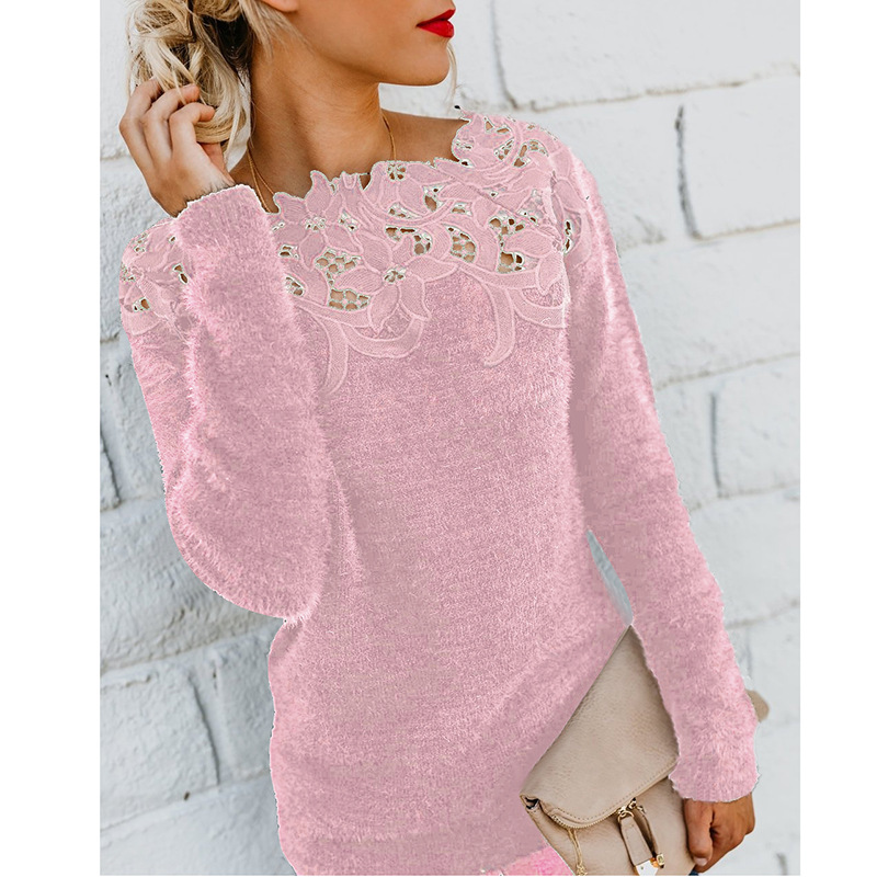 Women’s clothing in autumn and winter 2020 casual women’s new solid color splicing lace lace long sleeve sweater is comfortable alx