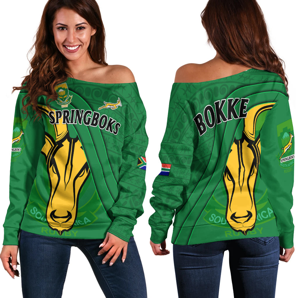 South Africa Rugby Off Shoulder Sweater Bokke Springbok With African Pattern Stronger Together Lt14