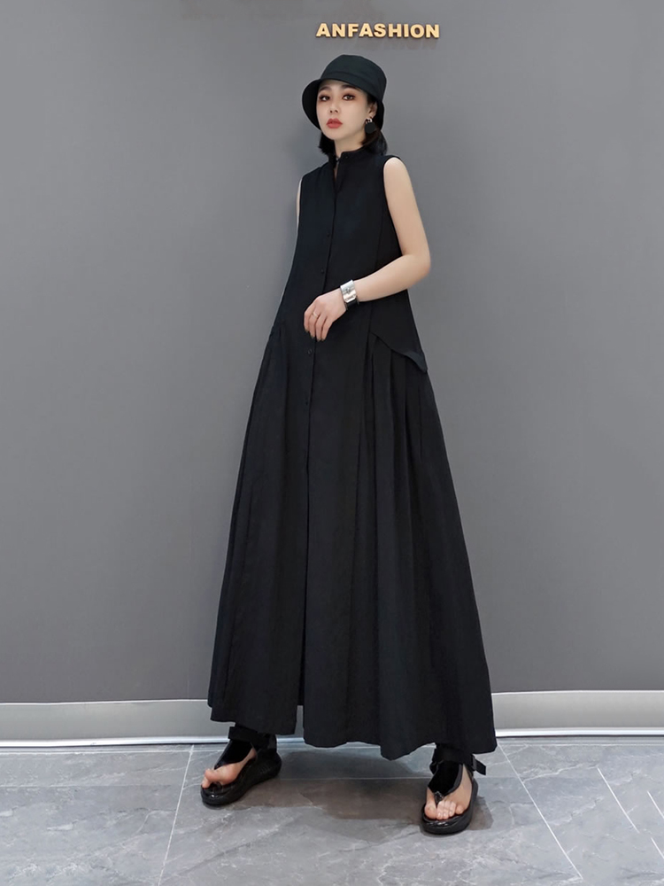 XITAO New Sleeveless Dress Solid Color Pleated Splicing Long Stand Collar Dress Summer Fashion Casual Loose Minority WMD0621 alx