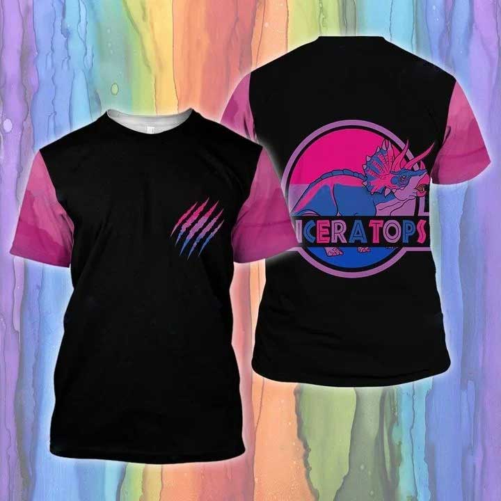 Bi Pride 3D Tshirt, Lgbt Dinosaur Bisexual Biceratops 3D All Over Printed Shirt, Bisexual Shirt