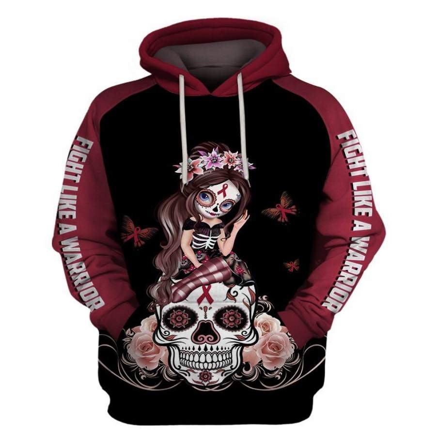 Fight Like A Warrior™ Red Burgundy Myeloma Cancer Sugar Skull Girl Awareness Hoodie