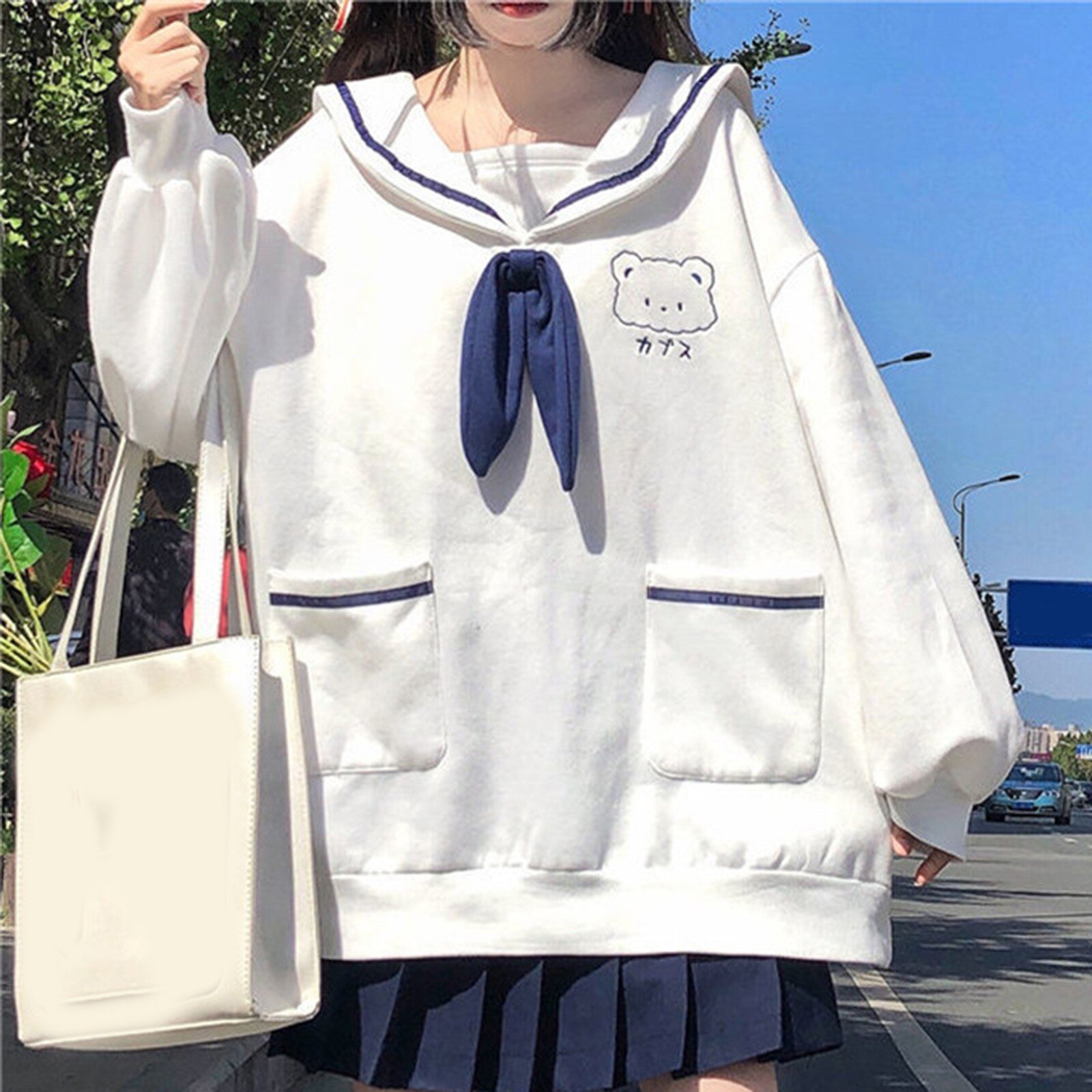 Japanese Preppy Style New Oversized Sweatshirt Sweet Sailor Collar Bow Cute Rabbit Ears Bear Embroidery Full Sleeve Sweatshirt alx