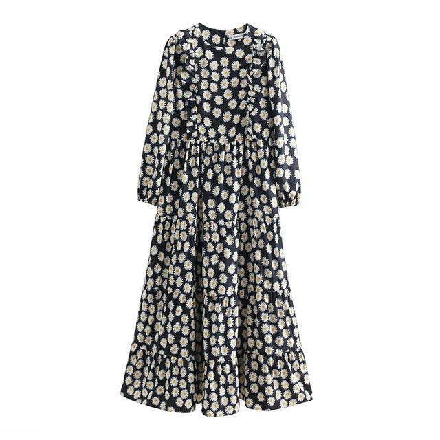 Vintage Ruffled Floral Print Long Sleeve Patchwork Pleated Dresses