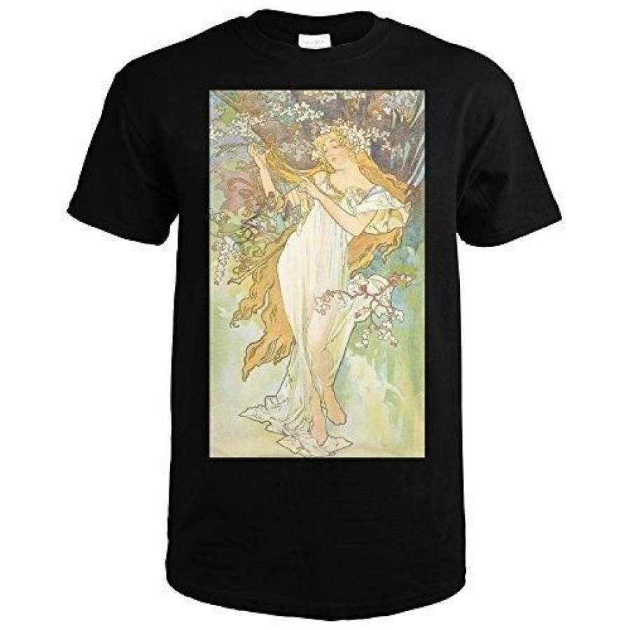 The Seasons Spring Vintage Poster Mucha Alphonse Fashion Short Sleeved T Shirt For Men Summer Funny Tee Shirt